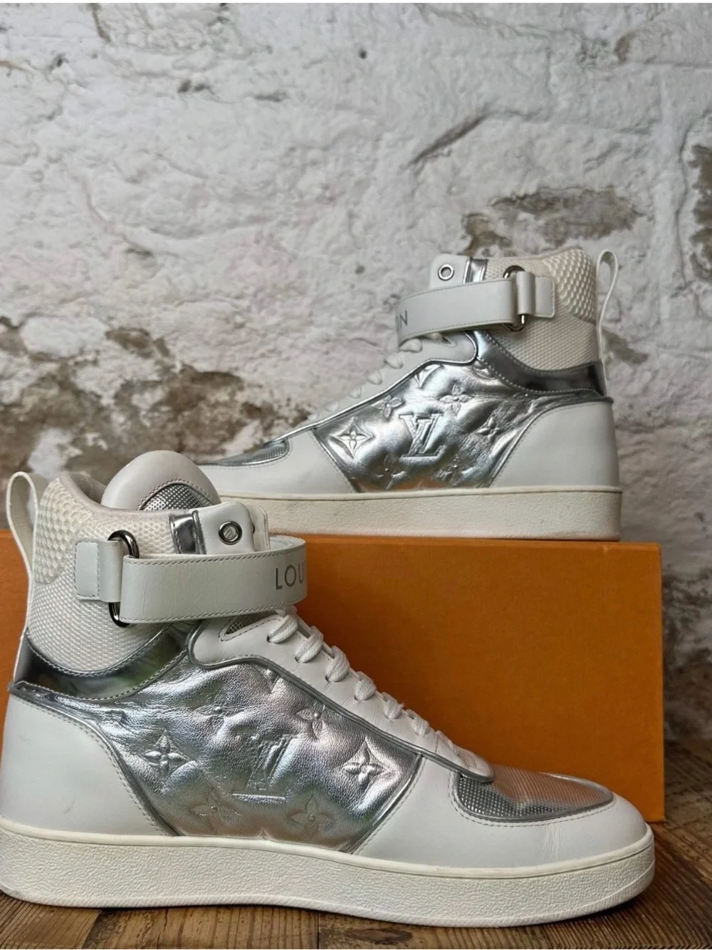 Louis Vuitton Silver & White High-Top Sneakers